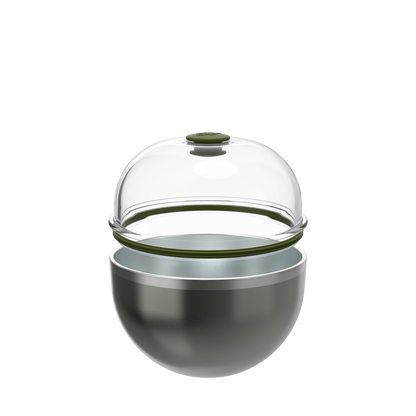 KeepCup Go Bowl Luxe in Nitro Pine shown in an exploded view with the clear dome lid with pine green knob separated from the dark metallic stainless steel bowl base, highlighting the green silicone seal.