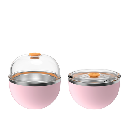 KeepCup Go High Go Low in Pashmak Pink shown with two lid options: a tall domed lid and a low flat lid, both featuring transparent plastic with orange press-fit closures atop a soft pink insulated stainless steel cup base.
