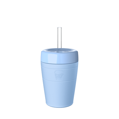 KeepCup Commuter Cold Cup M 12oz in Orchid, featuring a light blue cup with a matching lid and clear reusable straw, shown against a plain white background.