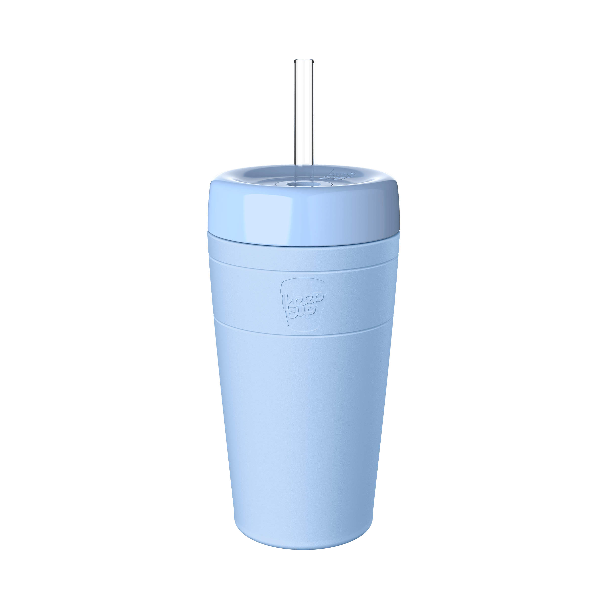 KeepCup Commuter Cold Cup L 16oz in Orchid, featuring a light blue cup with a matching lid and clear reusable straw, shown against a plain white background.