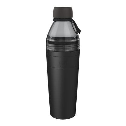 KeepCup Helix Bottle Clear Top 770ml in Black, shown at a slight angle against a white background, featuring a transparent grey top section with carry loop and matte black insulated base with embossed KeepCup logo.