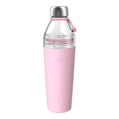 KeepCup Helix Bottle Clear Top 770ml in Pashmak Pink, featuring a clear Tritan top section, pink silicone sleeve with embossed logo, stainless steel cap, and matching pink carry loop, shown against a white background.