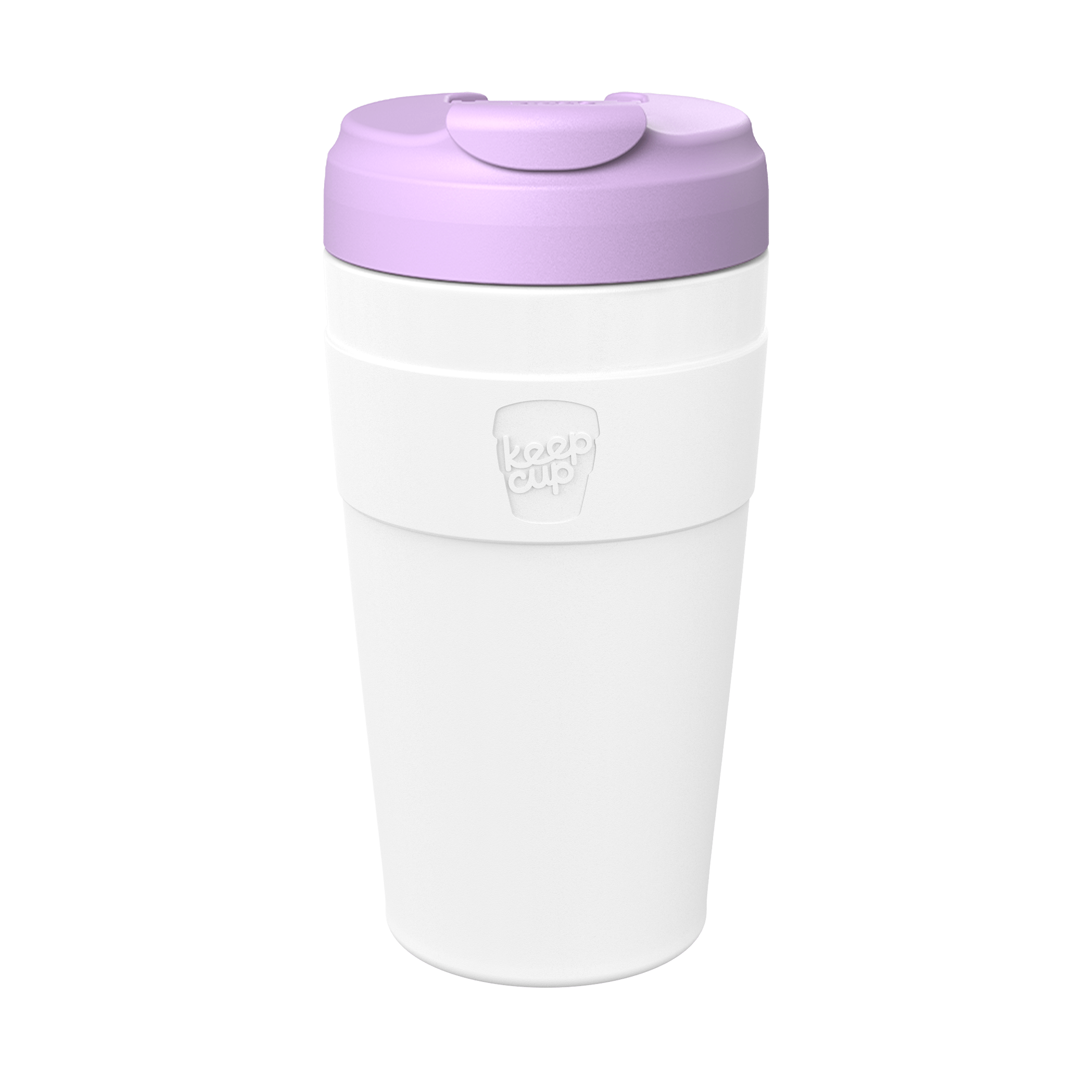 KeepCup Commuter L 16oz in White Lilac, featuring a white reusable cup body with embossed logo on the silicone band and a lavender-coloured lid with flip-top closure, shown against a plain white background.