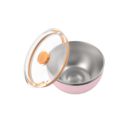 KeepCup Go Bowl Luxe in Pashmak Pink with stainless steel interior and clear flat lid with orange silicone seal, shown at an angle with the lid resting against the bowl to display both components.
