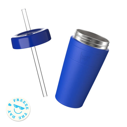 KeepCup Commuter Cold Cup shown at an angle alongside its detached lid with clear straw, and a circular "Freeze the Day" sticker featuring an ice lolly illustration.