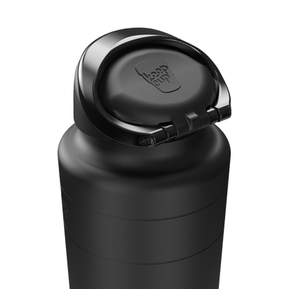 Black insulated bottle with a flip lid on a white background