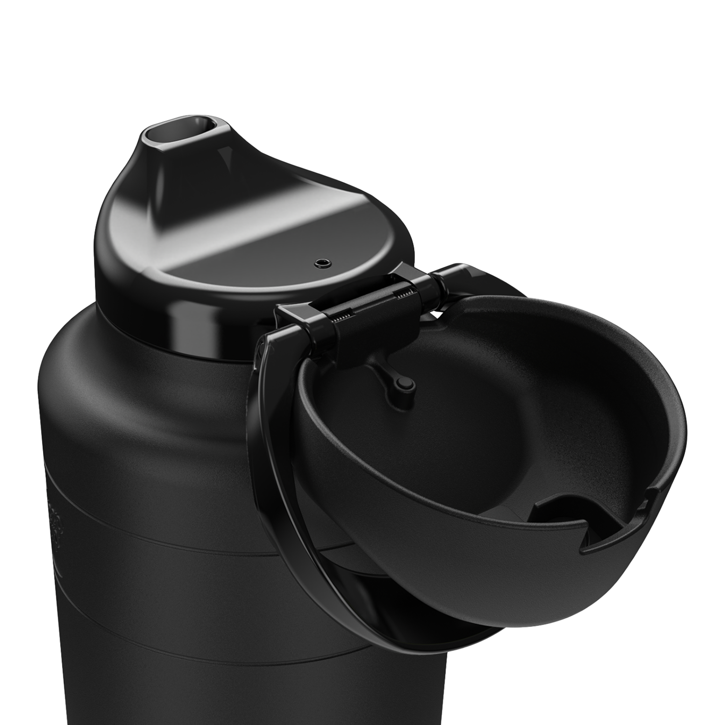 Black water bottle with open lid on a white background