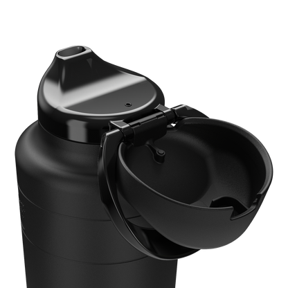 Black water bottle with open lid on a white background