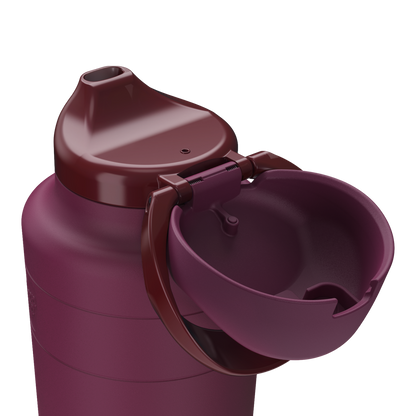 Mulberry water bottle with a detachable cap on a white background