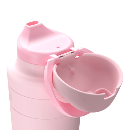 Pink water bottle with a flip lid on a white background