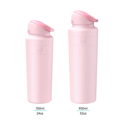 KeepCup Ora Bottle in Pashmak Pink shown in two sizes side by side, displaying the 700ml (24oz) and 950ml (32oz) options, both featuring a flip-top lid and the embossed KeepCup logo on the body.