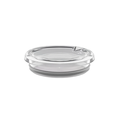 Quicksip Lid Thermal in XS 6oz size, shown from a slightly elevated angle against a white background, featuring a clear transparent lid with a small drinking aperture and a grey silicone sealing ring around the base.