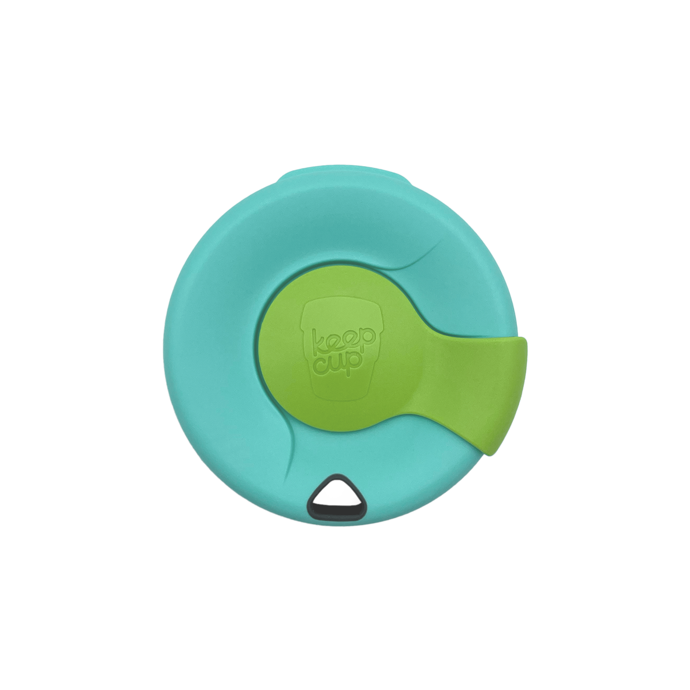 Top-down view of a KeepCup Splashproof Lid in turquoise with a lime green sliding closure featuring the embossed KeepCup logo, shown against a white background.