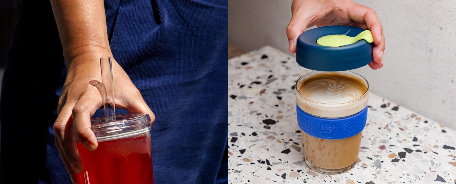 Woman holding KeepCup Sip & Chill Original Clear reusable cup with coffee and iced tea