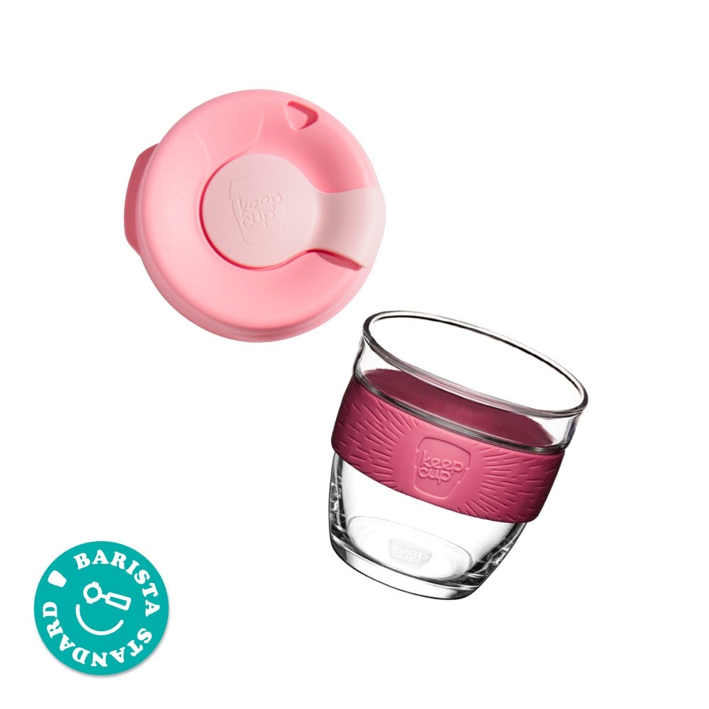 KeepCup Brew glass 8oz components. Glass cup base and plastic lid.