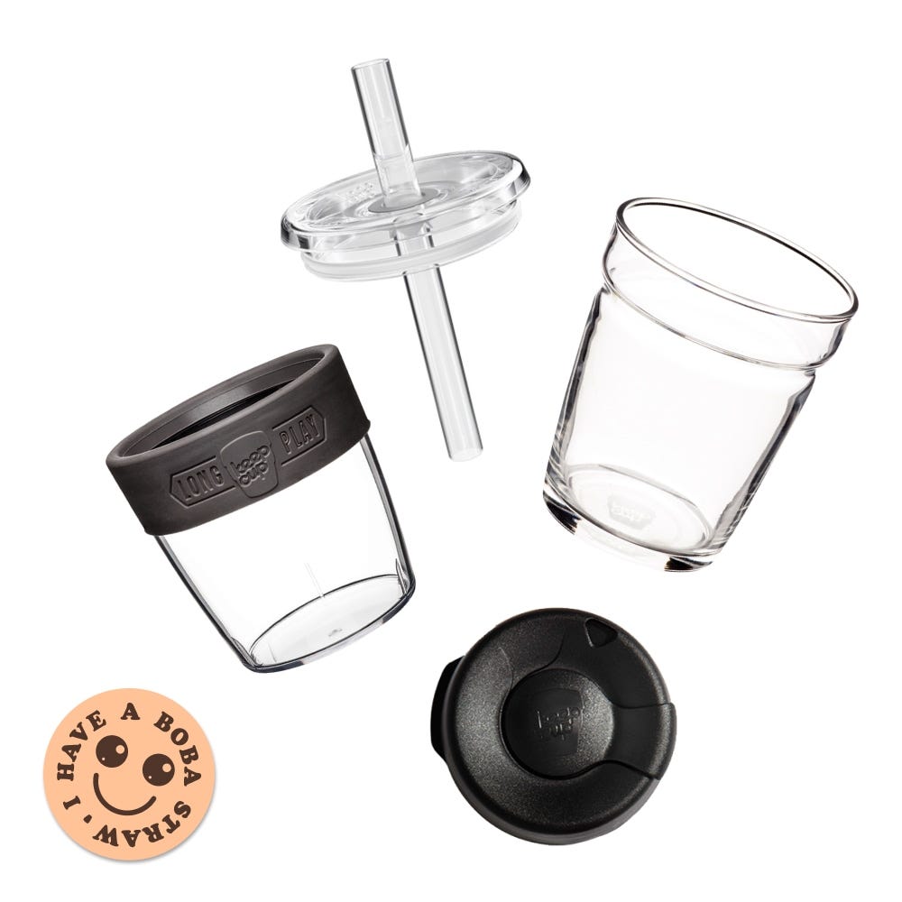 Sip & Chill Longplay M Components. Glass cup, tritan sleeve, straw and press fit lid