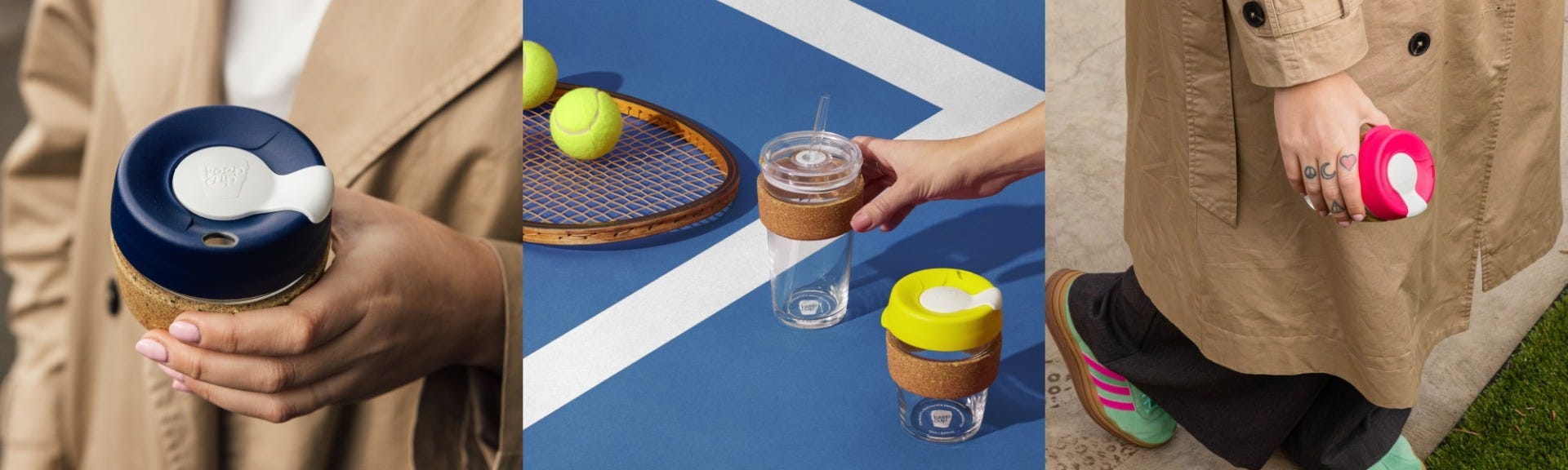 3 images showing a woman holding KeepCup Brew Cork Ace, Cold Cup Cork Ace and Brew Cork Ace on a tennis court, and a woman walking and holding 8oz Brew Cork Ace