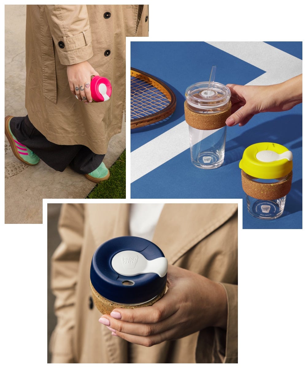 3 images showing a woman holding KeepCup Brew Cork Ace, Cold Cup Cork Ace and Brew Cork Ace on a tennis court, and a woman walking and holding 8oz Brew Cork Ace