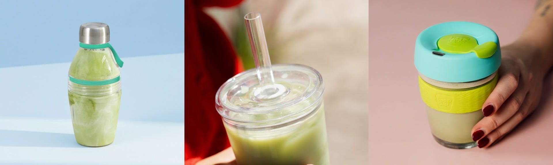 3 images showing a KeepCup Bottle Light filled with iced matcha, Cold Cup Original filled with iced matcha, Brew Glass filled with hot matcha.
