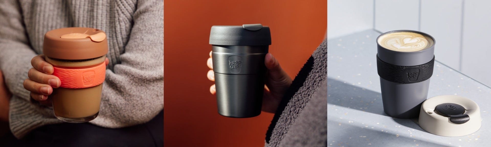 3 images showing KeepCup Brew Glass in hand, Thermal in hand,  Original with coffee