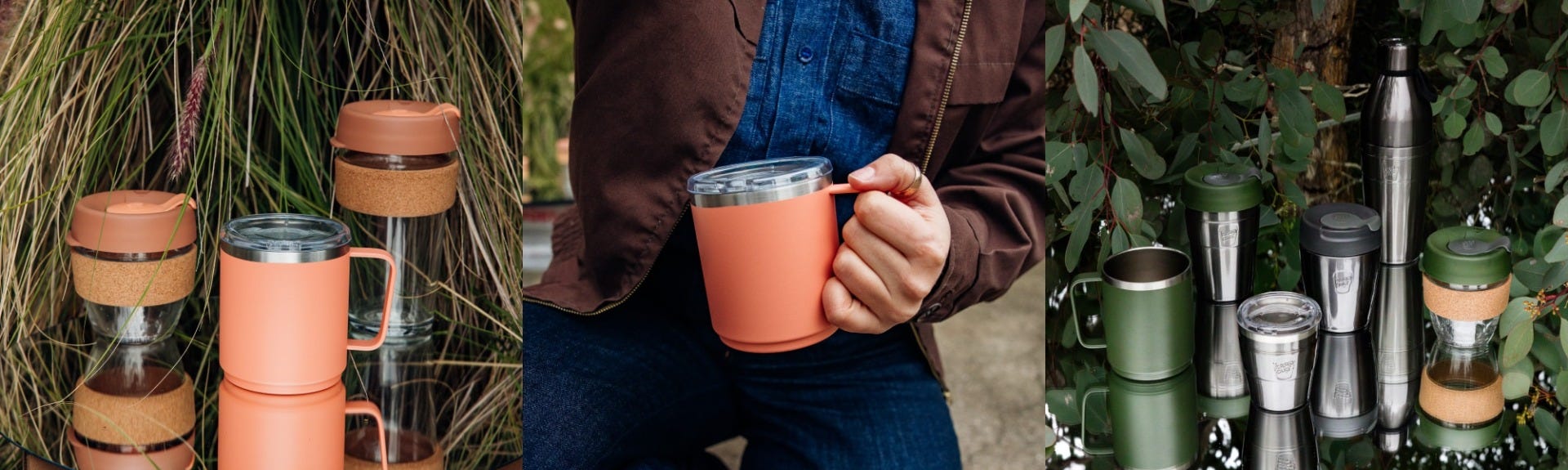 3 images showing KeepCup Brew Cork and Camp Mug on a mirror, a woman holding a Clay Camp Mug, and a group shot of KeepCup Traveller, Thermal, Camp Mug, Brew Cork and Bottle.