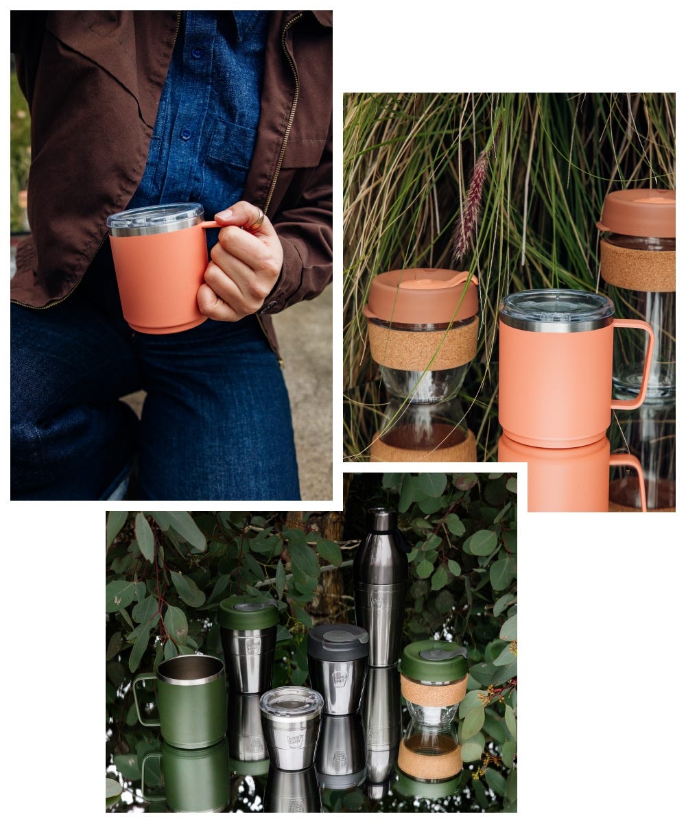 3 images showing KeepCup Brew Cork and Camp Mug on a mirror, a woman holding a Clay Camp Mug, and a group shot of KeepCup Traveller, Thermal, Camp Mug, Brew Cork and Bottle.