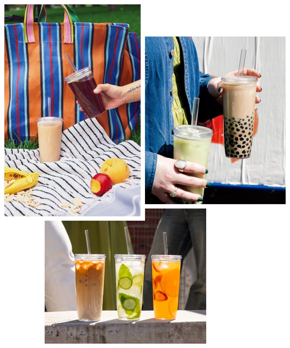 3 images showing KeepCup Cold Cup Original 20oz in hand, three Cold Cup Originals 20oz in a line, two Cold Cup Original 16oz on a picnic blanket