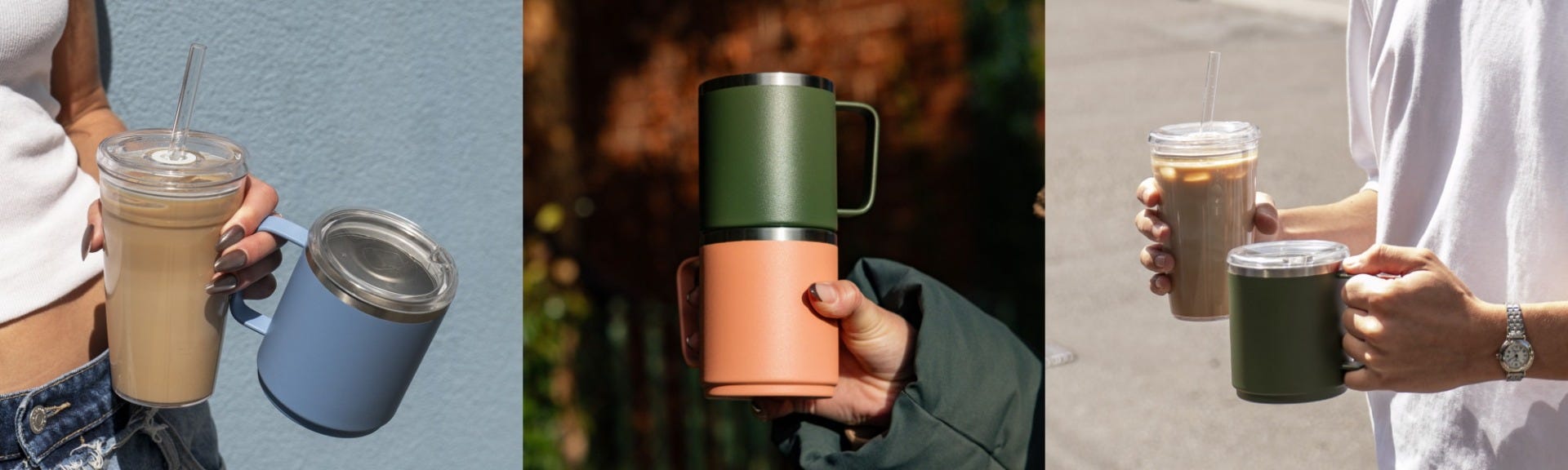 3 images showing KeepCup Cold Cup Original and Camp Mug in hand, two Camp Mugs stacked, and a man holding KeepCup Cold Cup Original and Camp Mug