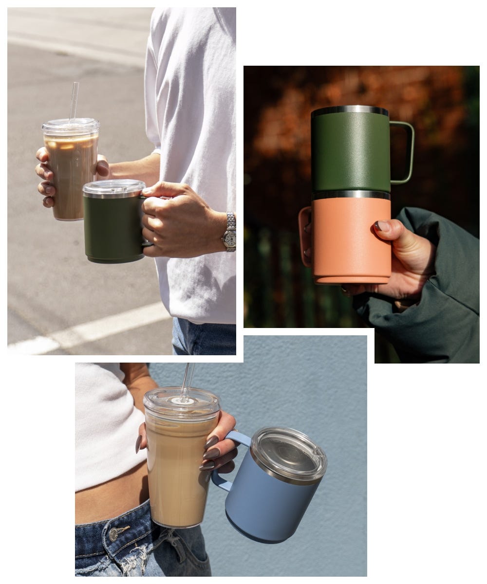 3 images showing KeepCup Cold Cup Original and Camp Mug in hand, two Camp Mugs stacked, and a man holding KeepCup Cold Cup Original and Camp Mug