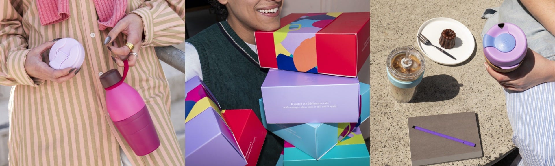 3 images showing KeepCup Bottle and Lilac Commuter lid in hand, man holding a stack of festive gift boxes, a woman having coffee with a Brew Cork and Cold Cup Longplay