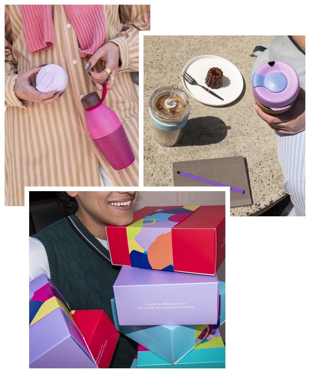 3 images showing KeepCup Bottle and Lilac Commuter lid in hand, man holding a stack of festive gift boxes, a woman having coffee with a Brew Cork and Cold Cup Longplay