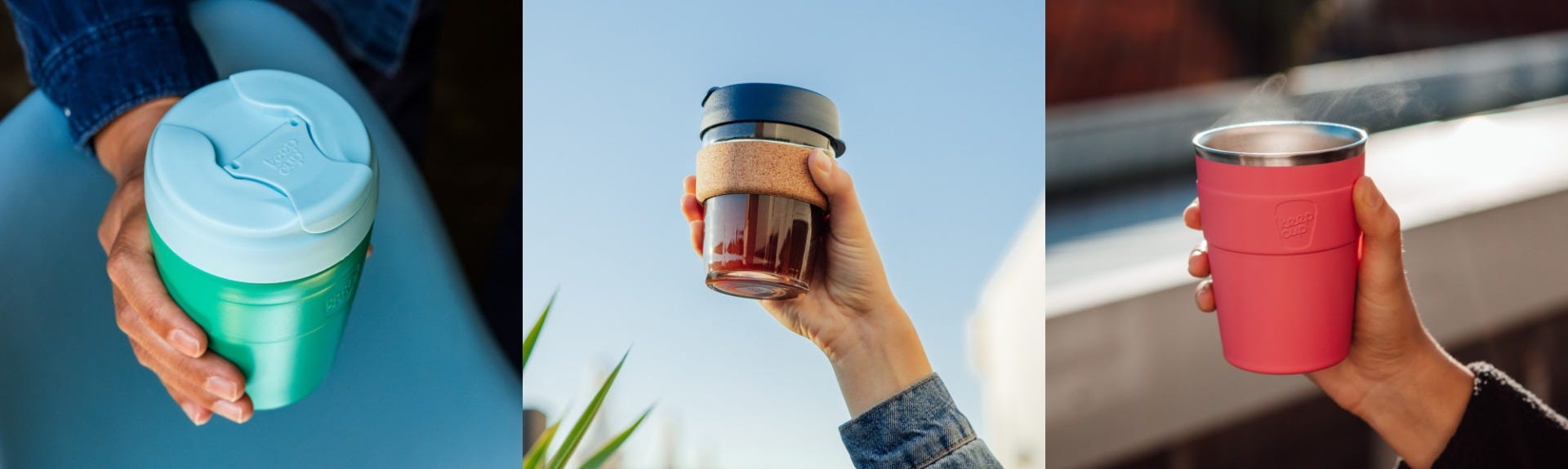 3 images showing KeepCup Commuter in hand, Brew Cork in hand, Thermal with lid off