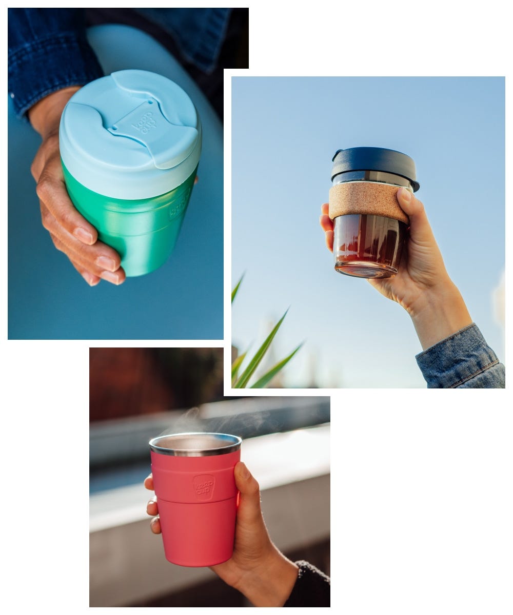 3 images showing KeepCup Commuter in hand, Brew Cork in hand, Thermal with lid off