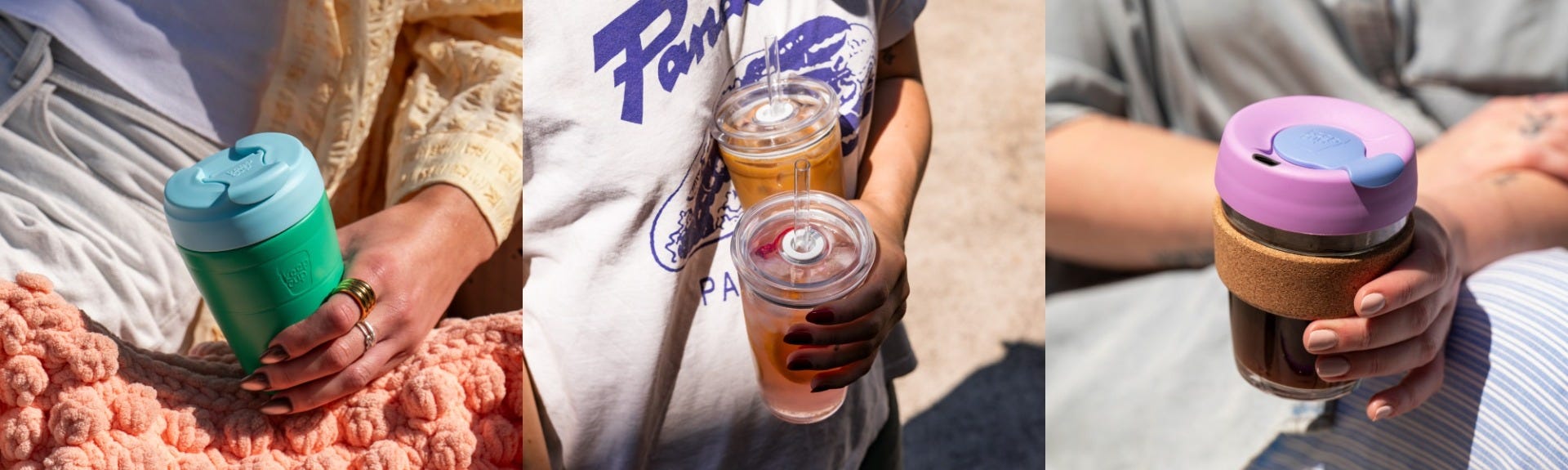 3 images showing KeepCup Commuter in hand, Cold Cup Original with iced tea, Brew Cork in Moonlight