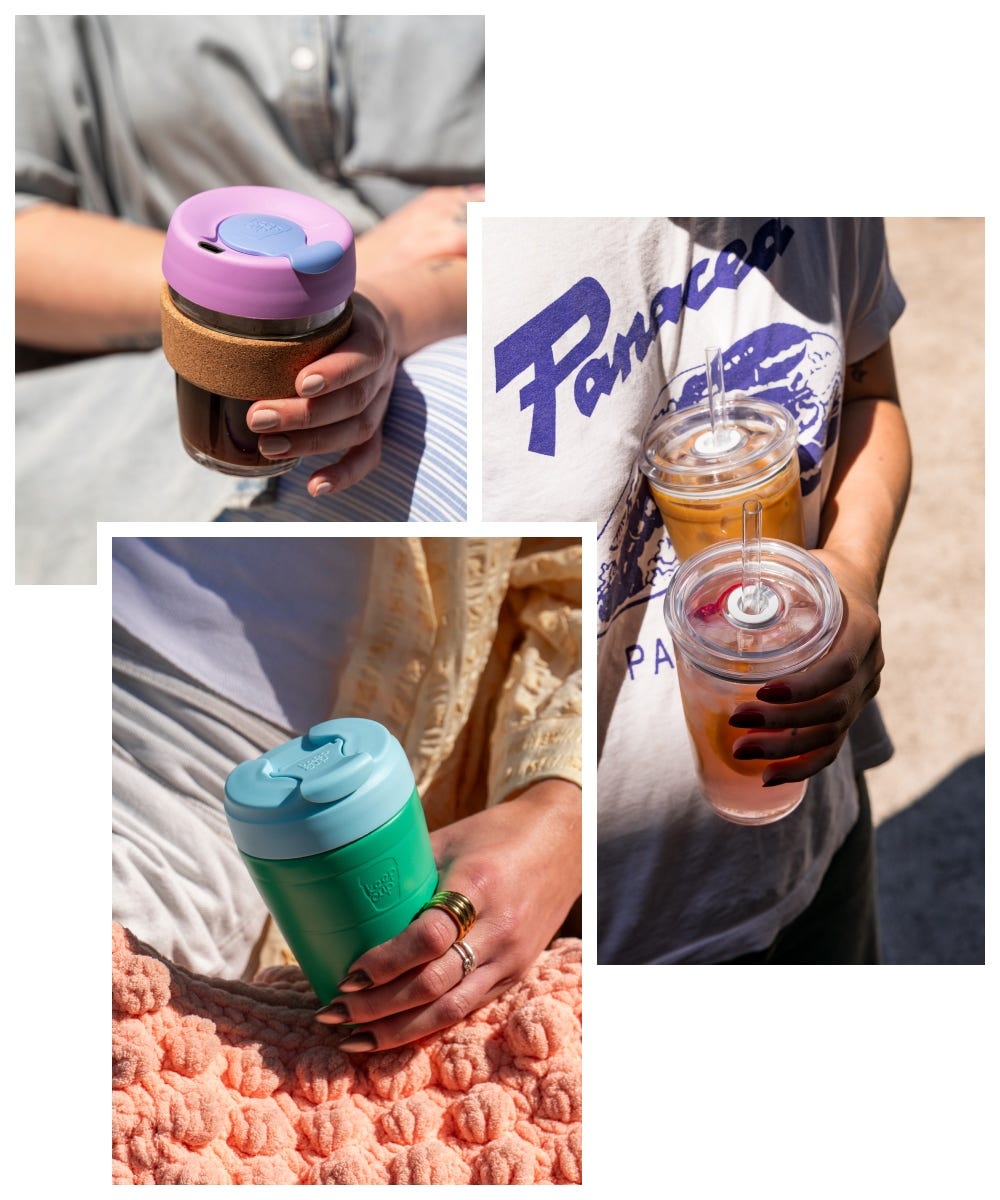 3 images showing KeepCup Commuter in hand, Cold Cup Original with iced tea, Brew Cork in Moonlight