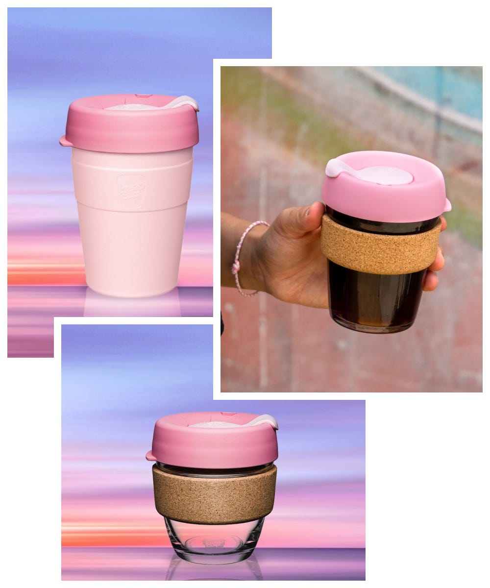 3 images showing a KeepCup Thermal cup on a sunset background, a woman holding a Brew Cork full of black coffee, and a KeepCup 8oz Brew Cork on a sunset background. 