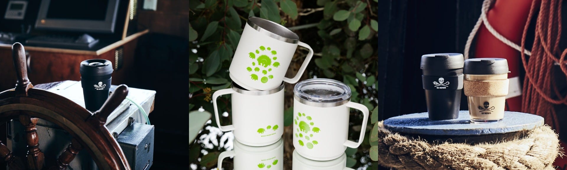3 images showing KeepCup Original on a ship, three WIRES Camp Mugs, and a KeepCup Sea Shepherd Original and Brew Cork on a jetty