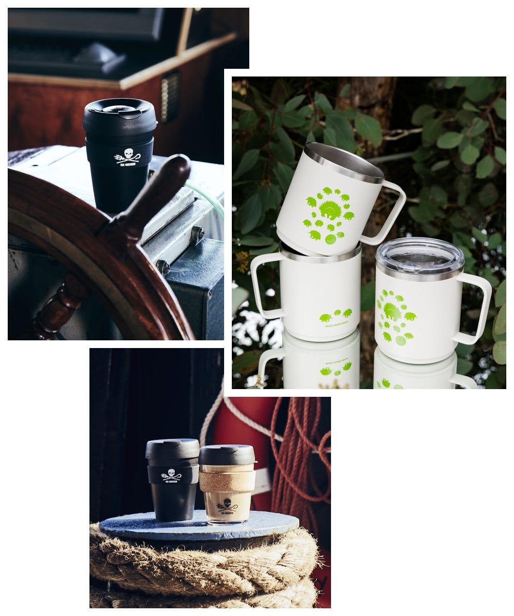 3 images showing KeepCup Original on a ship, three WIRES Camp Mugs, and a KeepCup Sea Shepherd Original and Brew Cork on a jetty