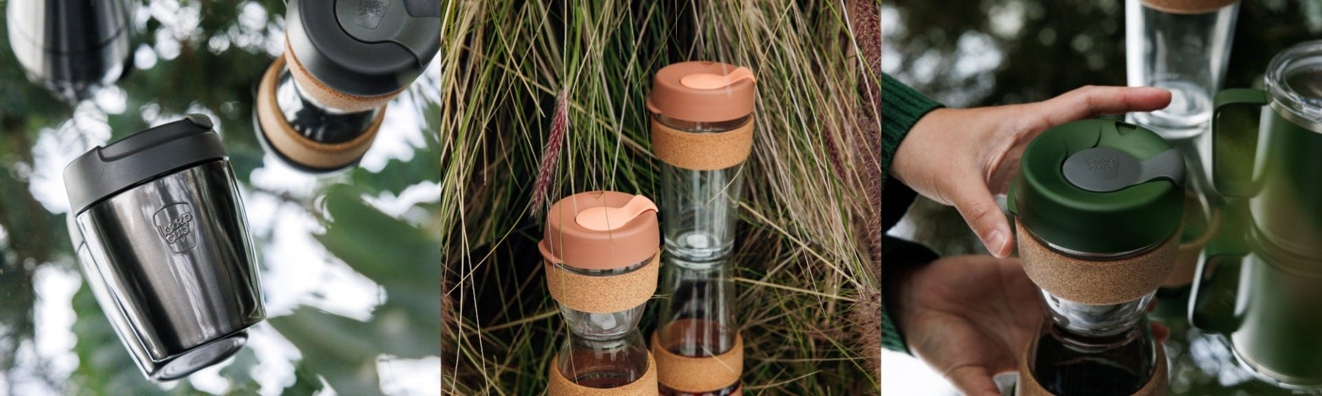 3 images showing a KeepCup Traveller 8oz with leaves in the background, Brew Cork 8oz and 16oz sitting on a mirror, and a woman reaching for a KeepCup 8oz Brew Cork