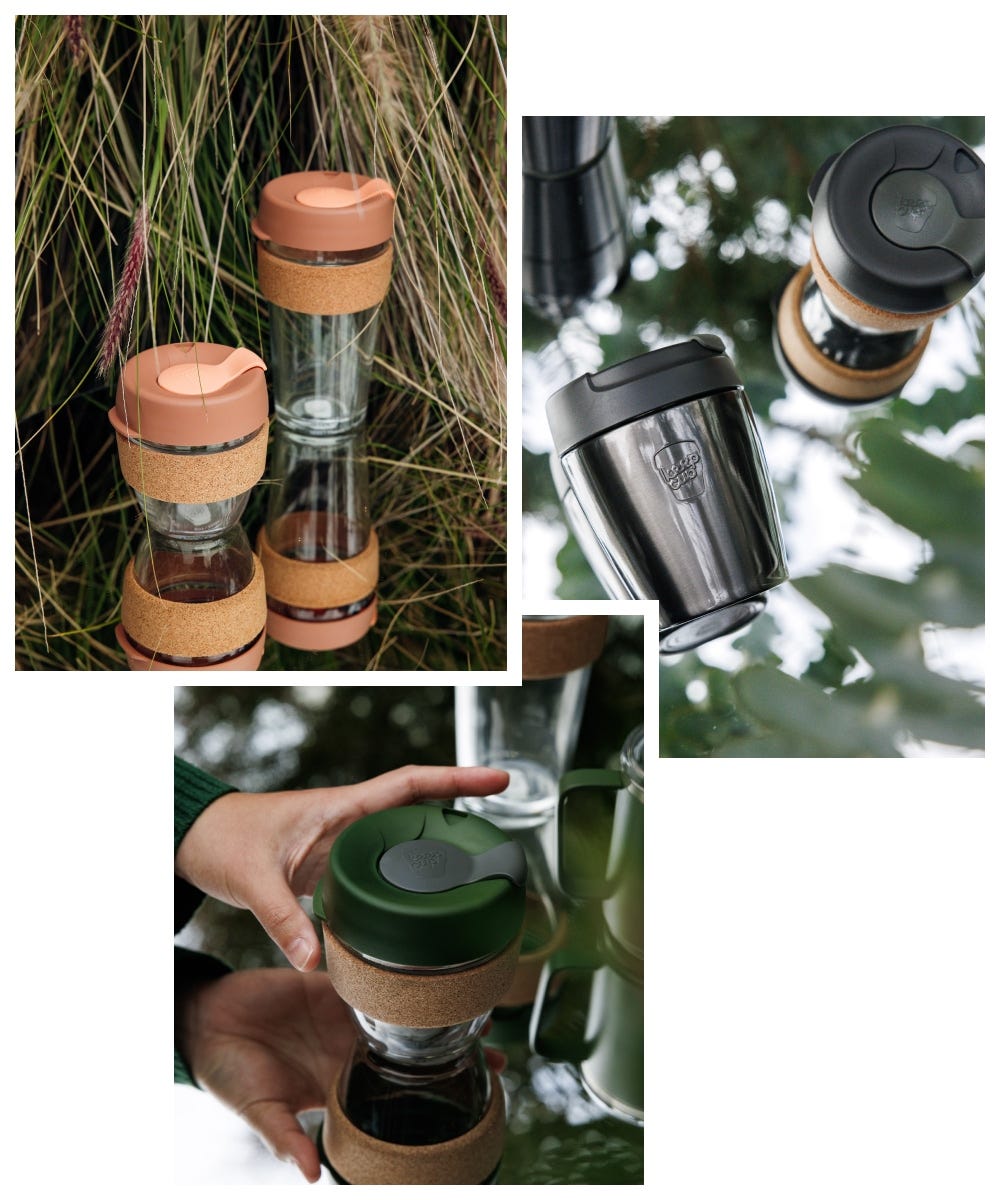 3 images showing a KeepCup Traveller 8oz with leaves in the background, Brew Cork 8oz and 16oz sitting on a mirror, and a woman reaching for a KeepCup 8oz Brew Cork
